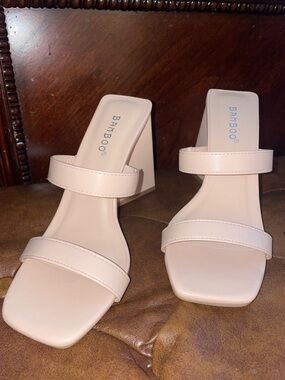 BAMBOO Pale Blush Double-Strap Block Heel Mules